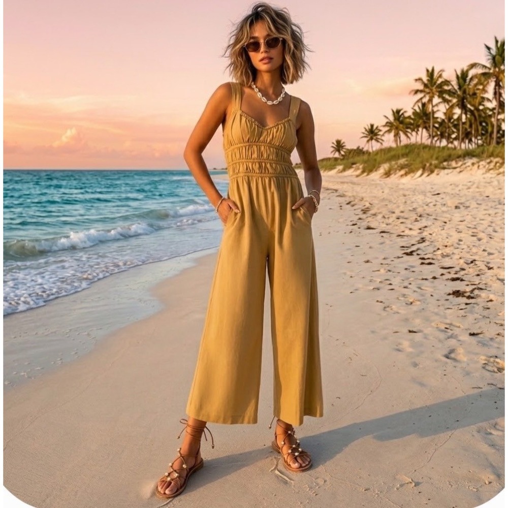 Free People After All Rouched Jumpsuit Golden Nugget Sz M Wide Leg Overalls